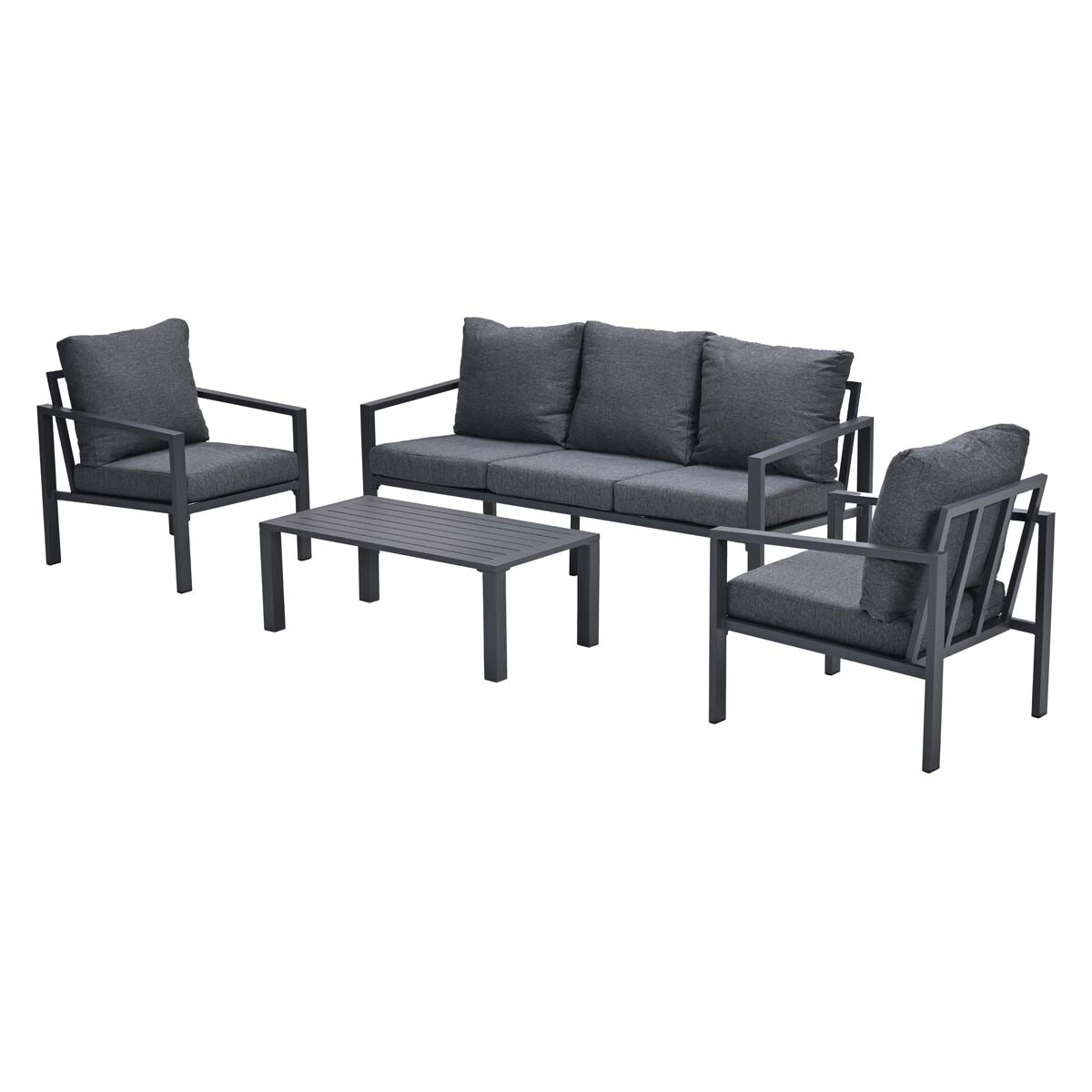 A gray outdoor furniture set on a white background. It includes a sofa, two chairs, and a small table.
