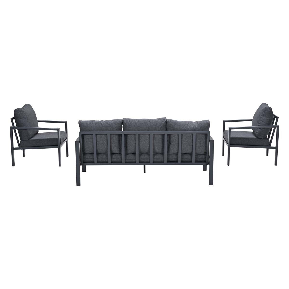A gray outdoor furniture set on a white background. It includes a sofa, two chairs, and a small table.