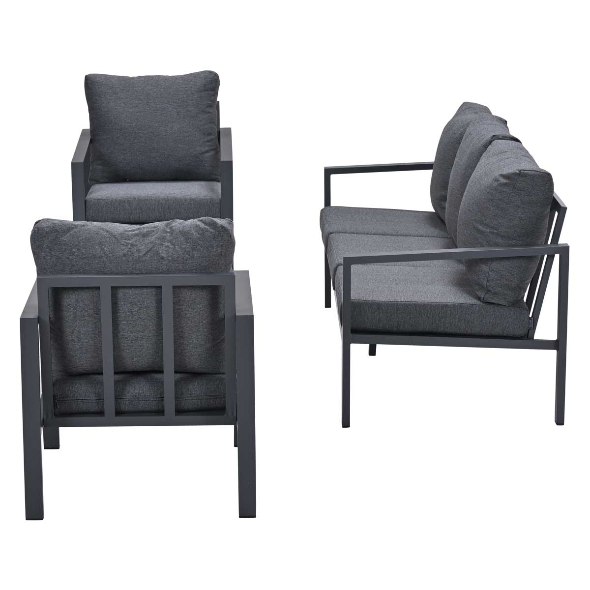 A set of dark gray outdoor furniture: two armchairs and a sofa, with a white background.