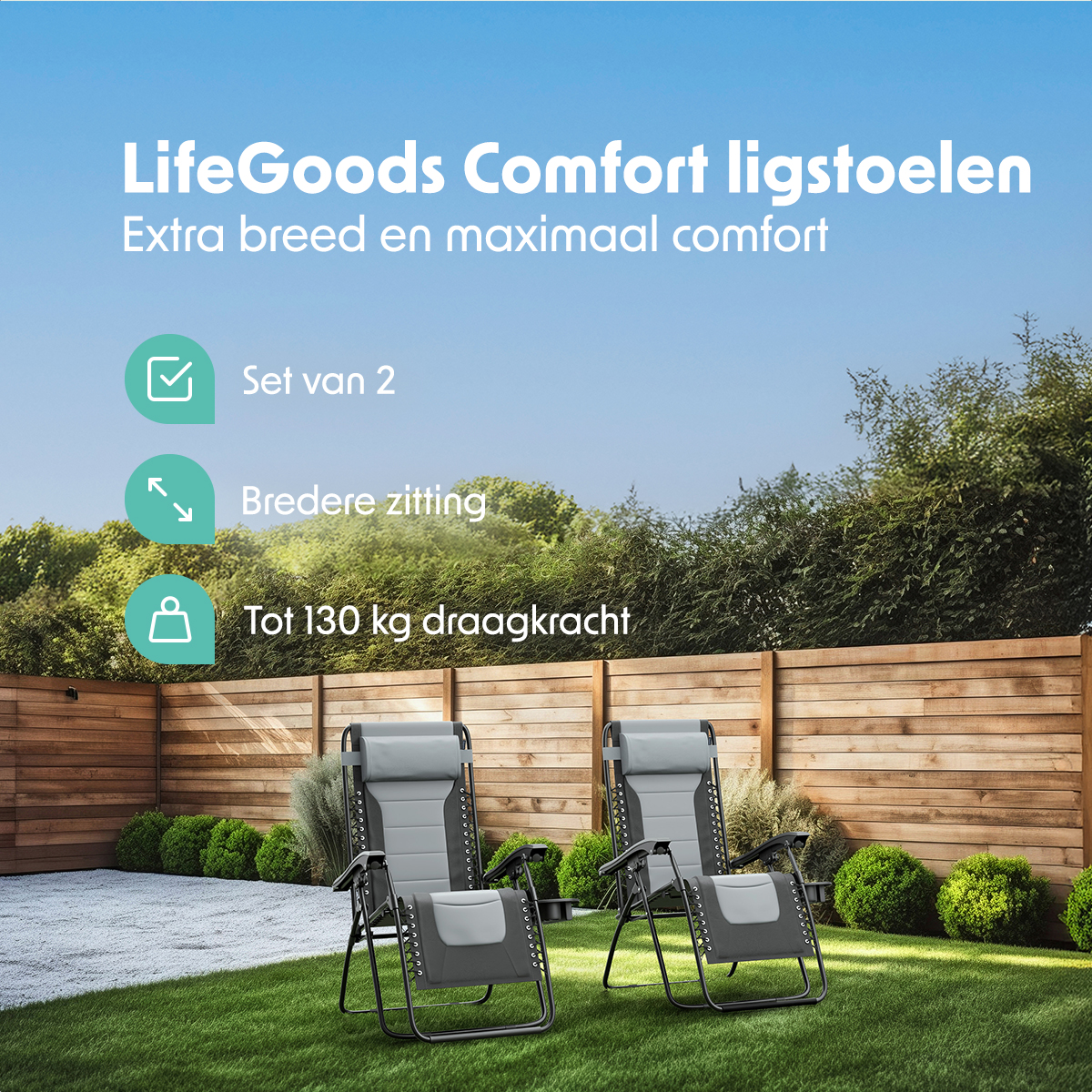 Twee grijze verstelbare stoelen op een groen gazon, met tekst dat het een set van twee is en 130 kg kan dragen.
