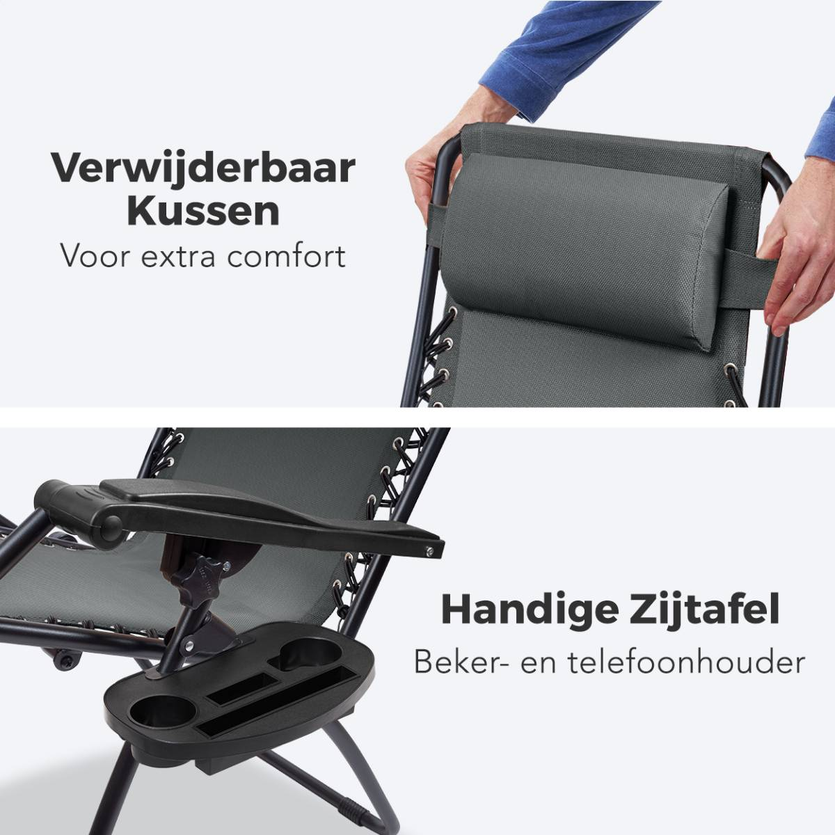 Close-up van een relaxstoel met hoofdsteun en bijzettafel. Zwart-grijze kleurenschema.