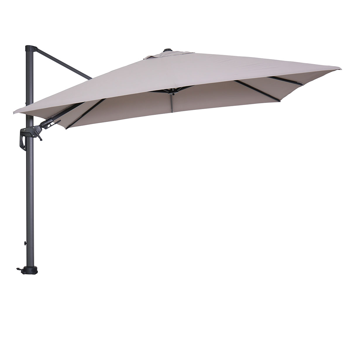 Beige rechthoekige zweefparasol op een donkergrijze paal.