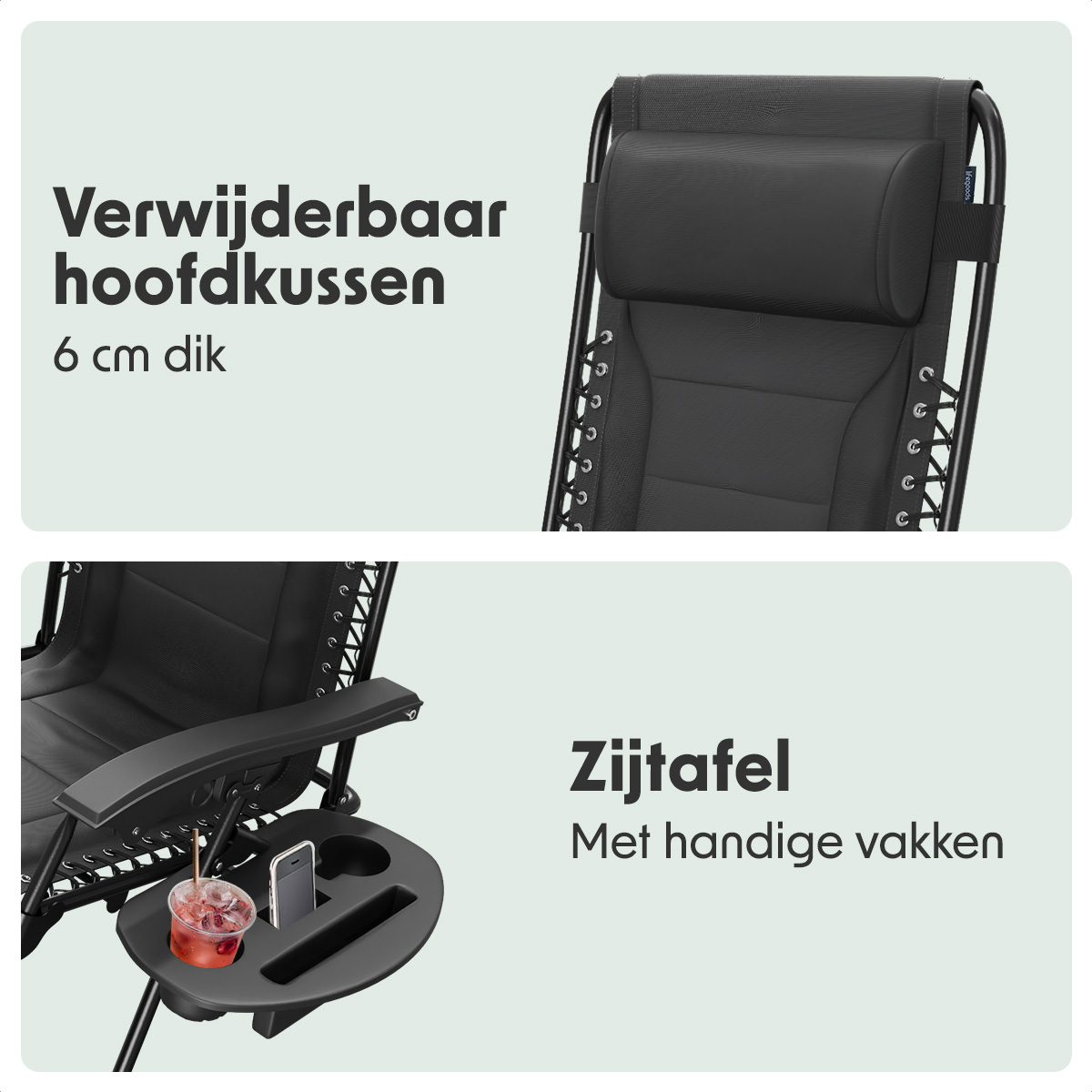 Close-ups van een ligstoel: hoofdsteun, bijzettafel met drankje en telefoon, en stoeldetails.