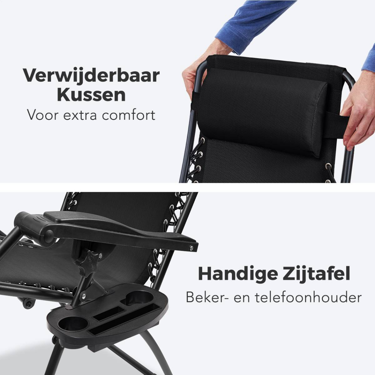 Stoeldetails: afneembaar kussen, bijzettafel met beker- en telefoonhouder. Zwart.