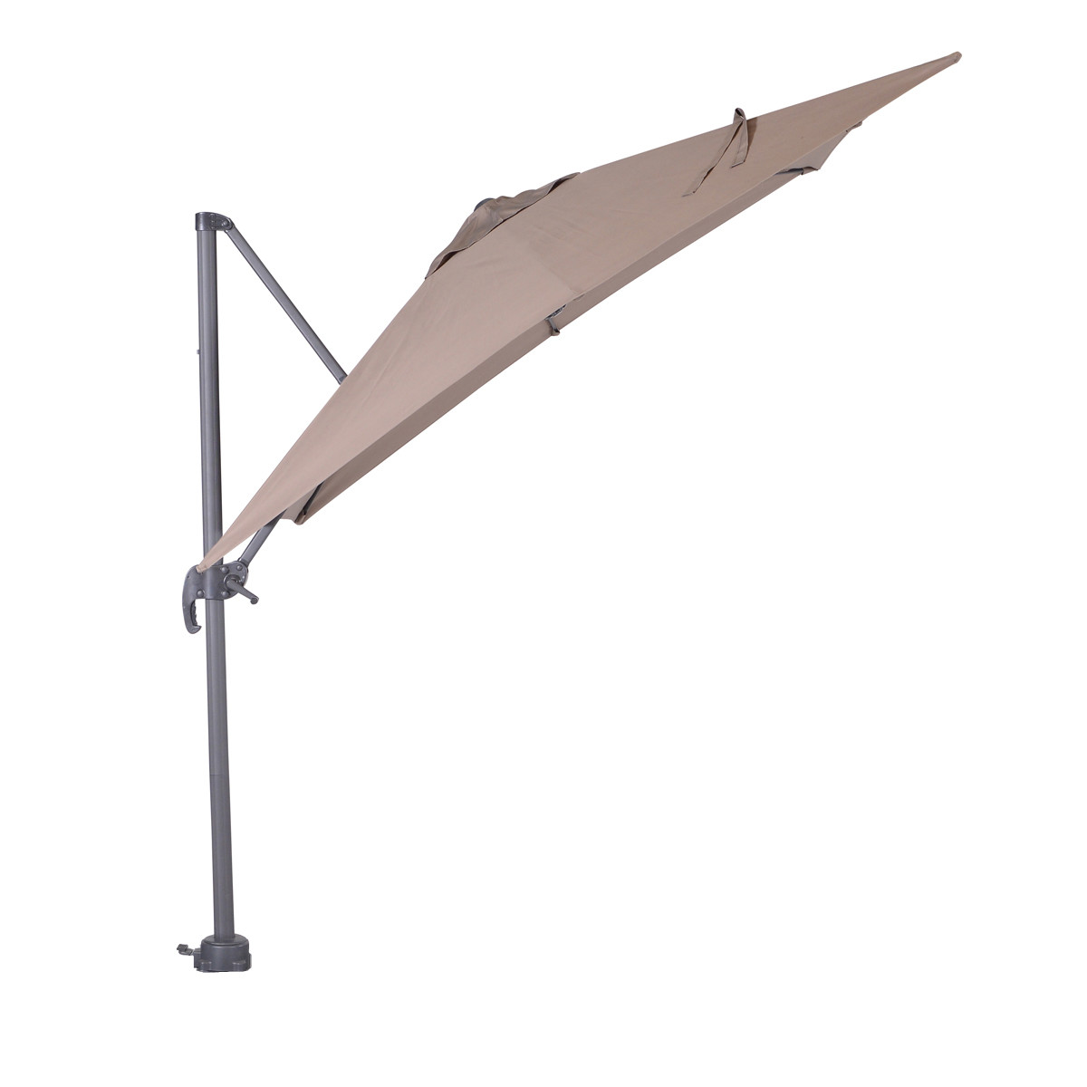 A beige cantilever umbrella, partially open, with a grey pole, on a white background.
