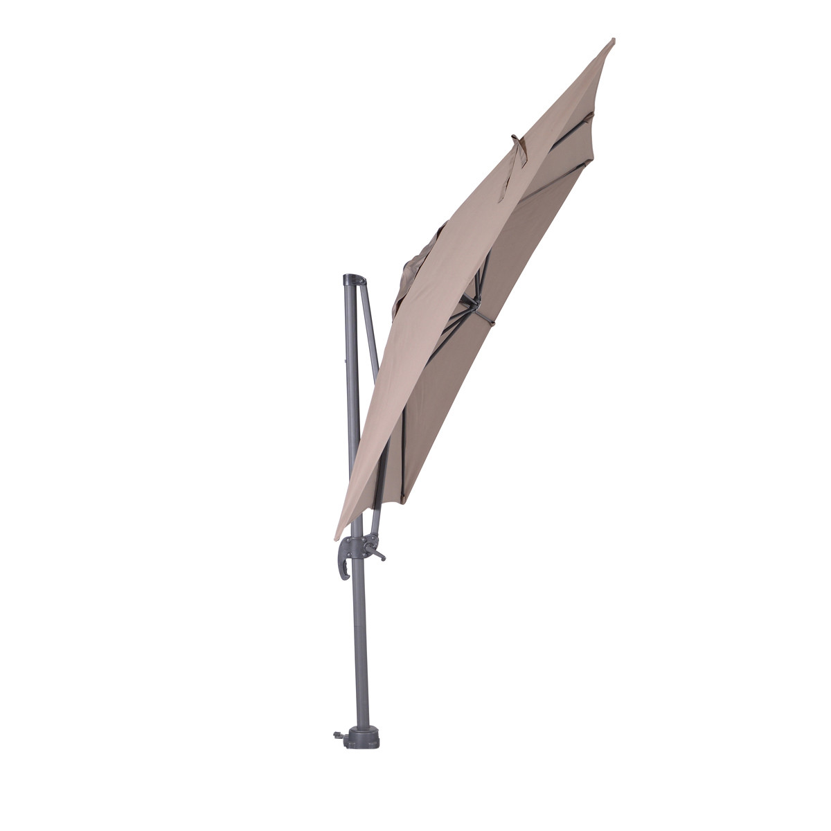 An offset cantilever umbrella is angled. Beige fabric and a dark metal frame are supported by a pole.