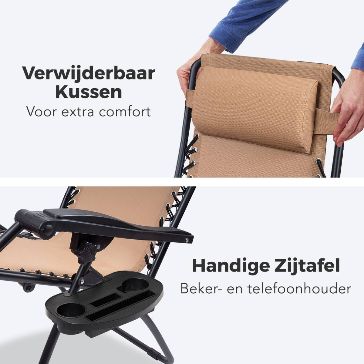 Een close-up van een ligstoel met een afneembaar kussen en een bijzettafel met bekerhouders.