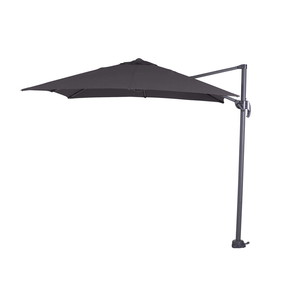 A black cantilever umbrella with a black frame, on a white background.