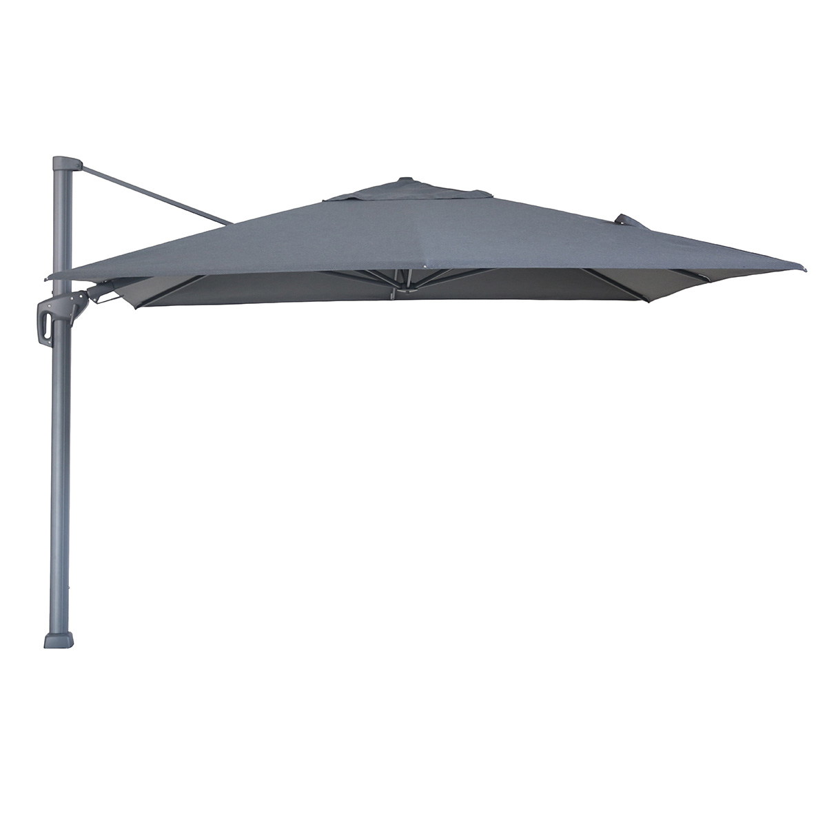 Een grijze zweefparasol met zwart frame, op een witte achtergrond.