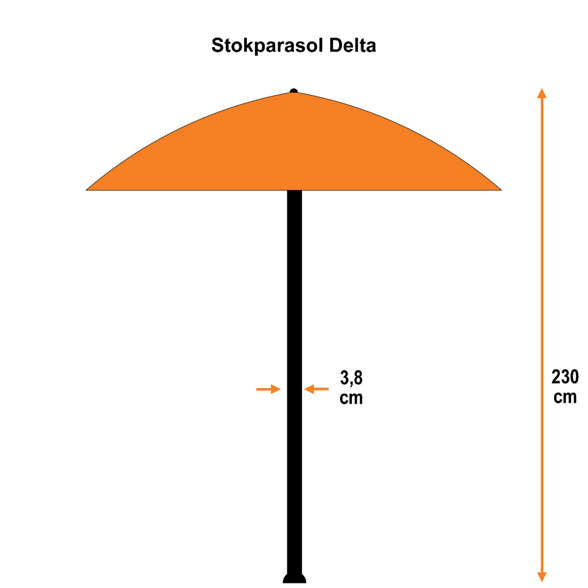 An orange umbrella with black pole, dimensions and label, on white background.