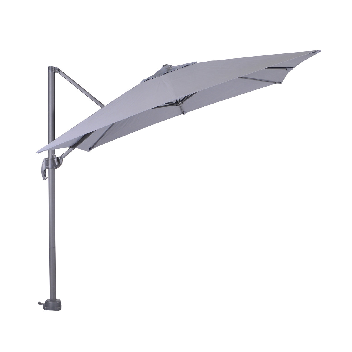 A grey cantilever umbrella with a black frame, on a white background.