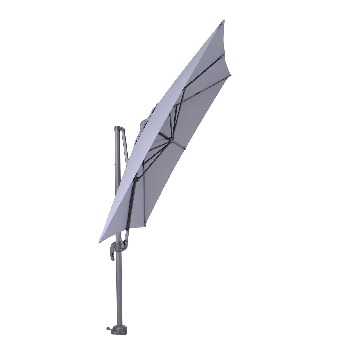 A grey cantilever umbrella with a black frame, on a white background.