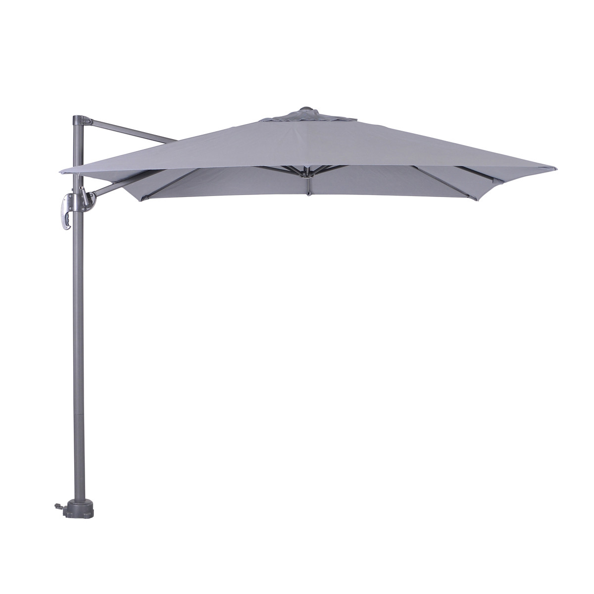 A grey cantilever umbrella with a black frame, on a white background.