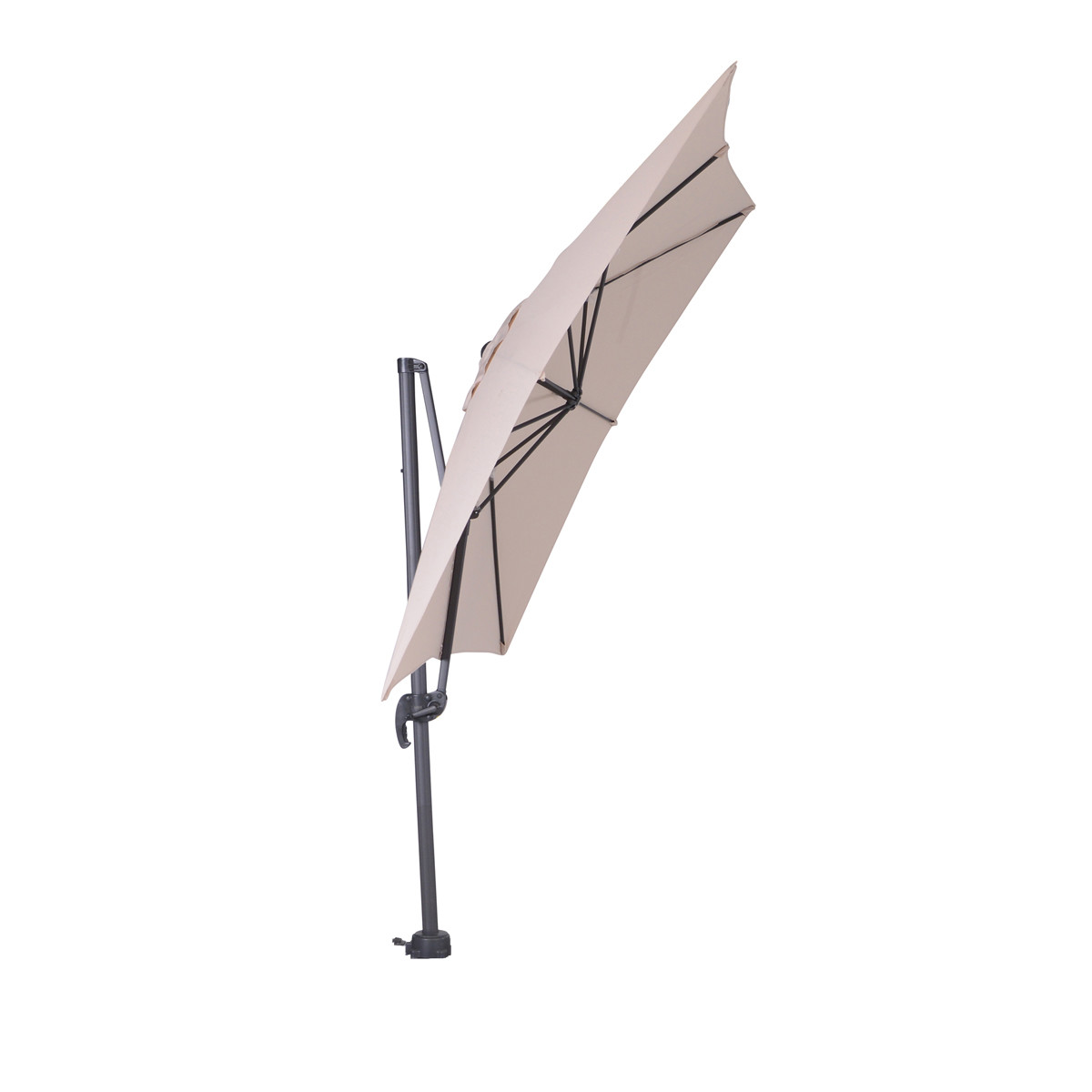 A beige cantilever umbrella with a dark gray pole. The umbrella is open and angled.
