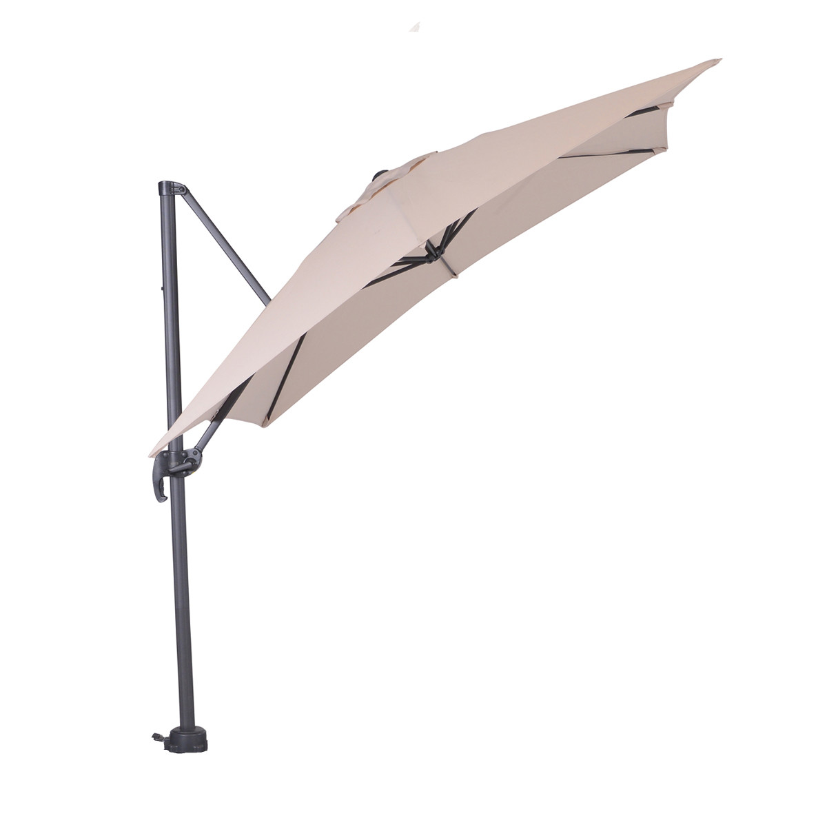 A beige cantilever umbrella with a dark gray pole. The umbrella is open and angled.
