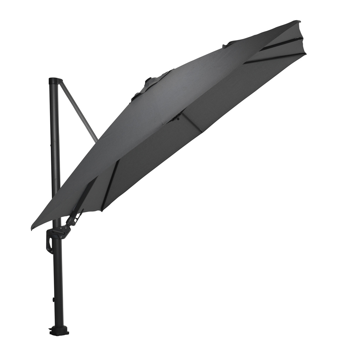 A dark gray cantilever umbrella with a dark gray pole. The umbrella is open and angled.