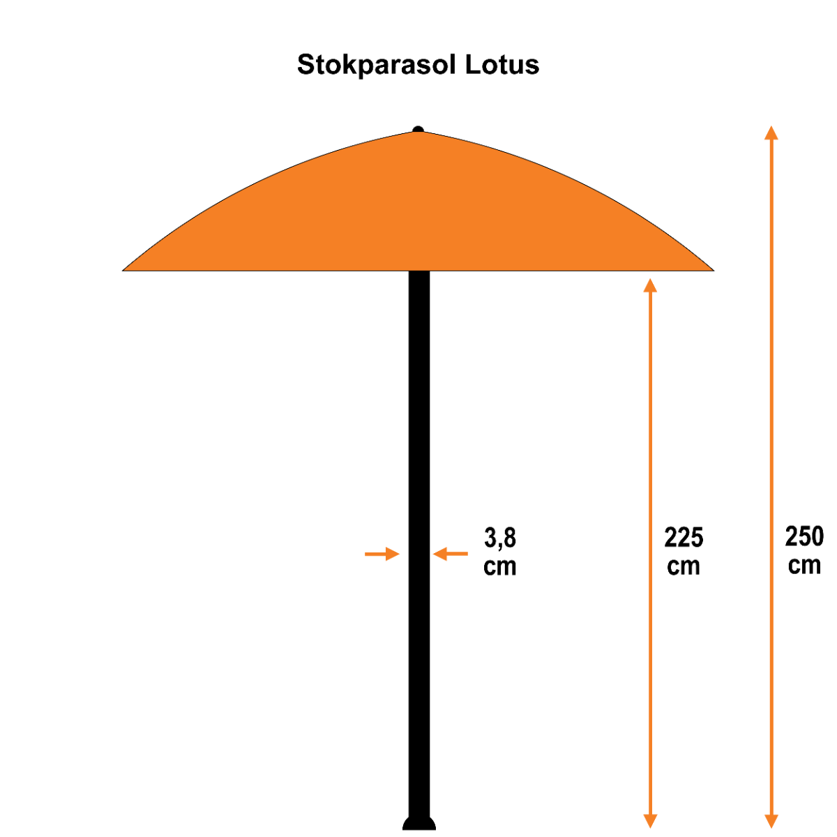 Dimensions du parasol orange ; mât de 3,8 cm, hauteur de 225 cm et hauteur totale de 250 cm.