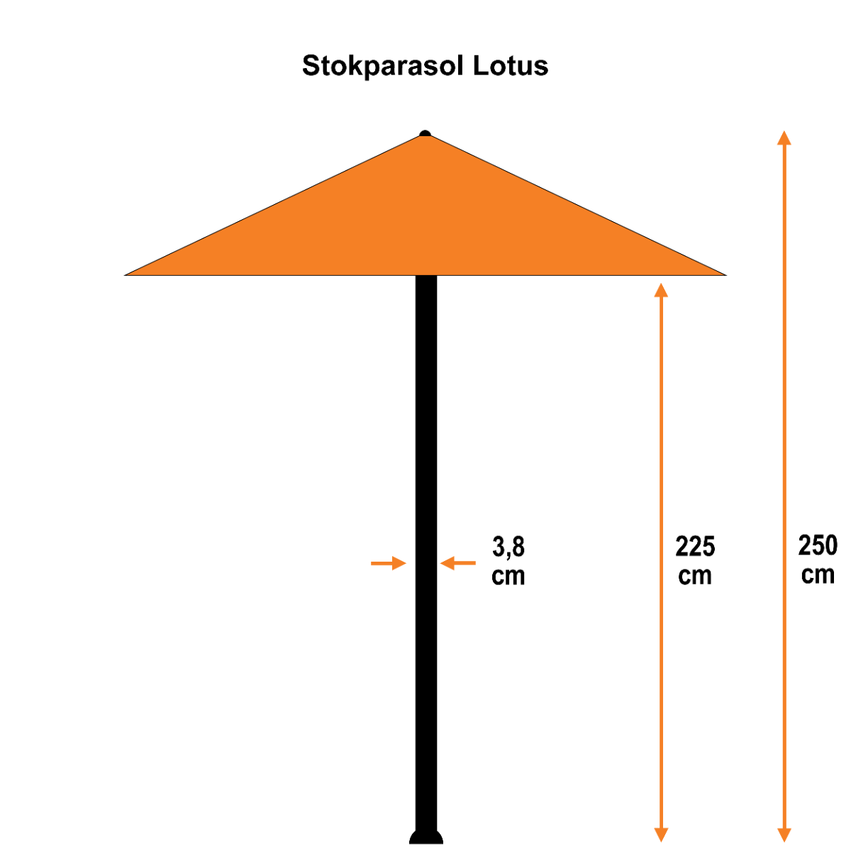 Diagram van een oranje parasol met zwarte paal. Toont afmetingen: 225 cm hoogte, 250 cm hoogte en 3,8 cm breedte.