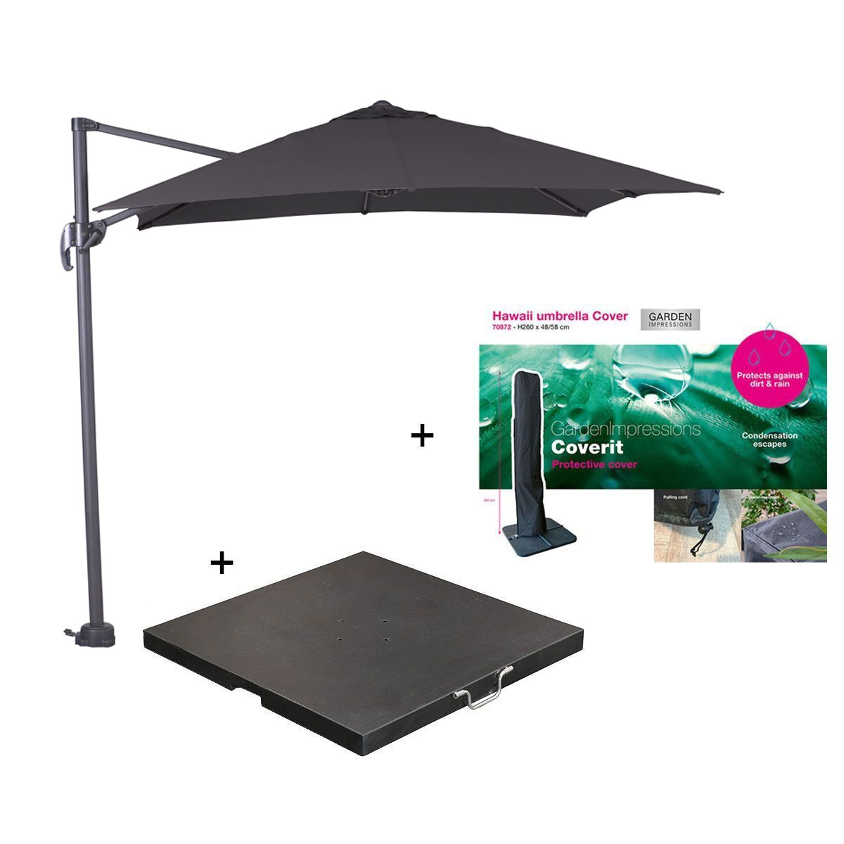 Een zwarte zweefparasolset met voet, hoes en promotiemateriaal op een witte achtergrond.
