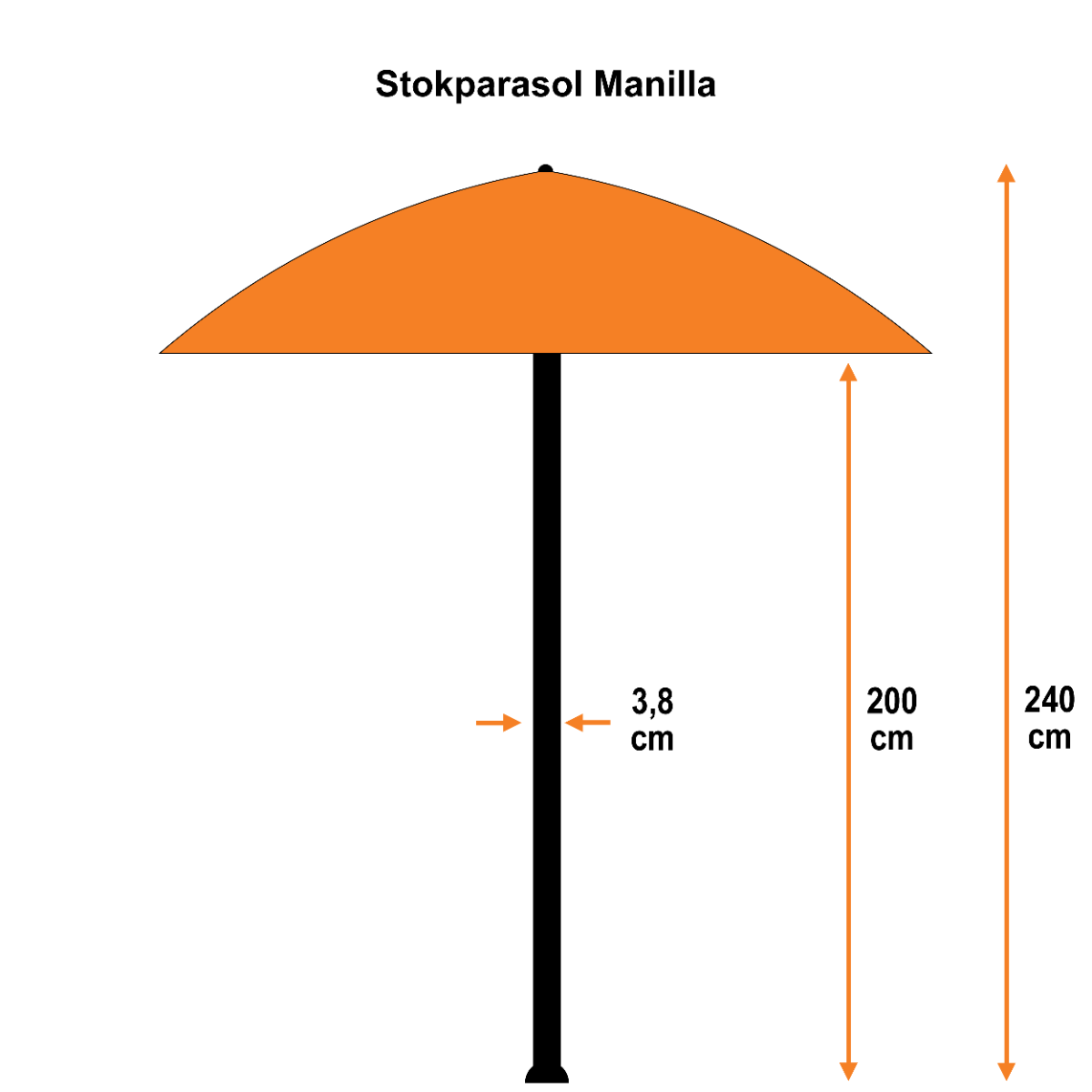 Diagramme de parasol orange. Montre une hauteur de 200 cm, 240 cm. La largeur est de 3,8 cm.