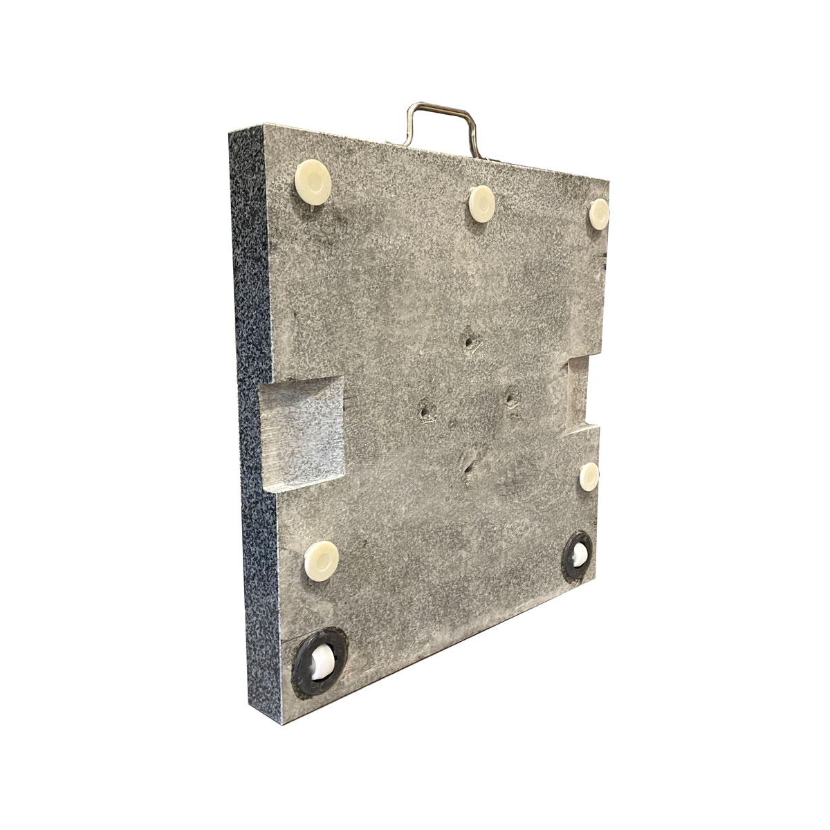 Grey stone base on white with handle and white rubber pads.