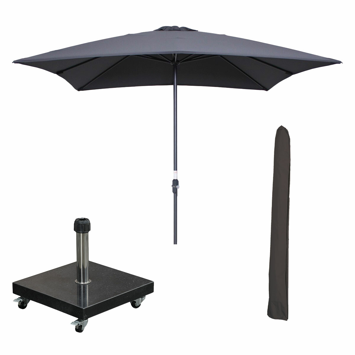Grijze vierkante parasol met voet en hoes op wit. Zwarte paal en voet.