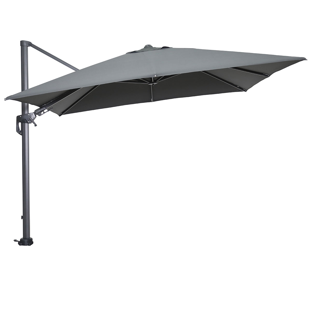 Parasol rectangulaire gris avec mât gris, sur fond blanc.