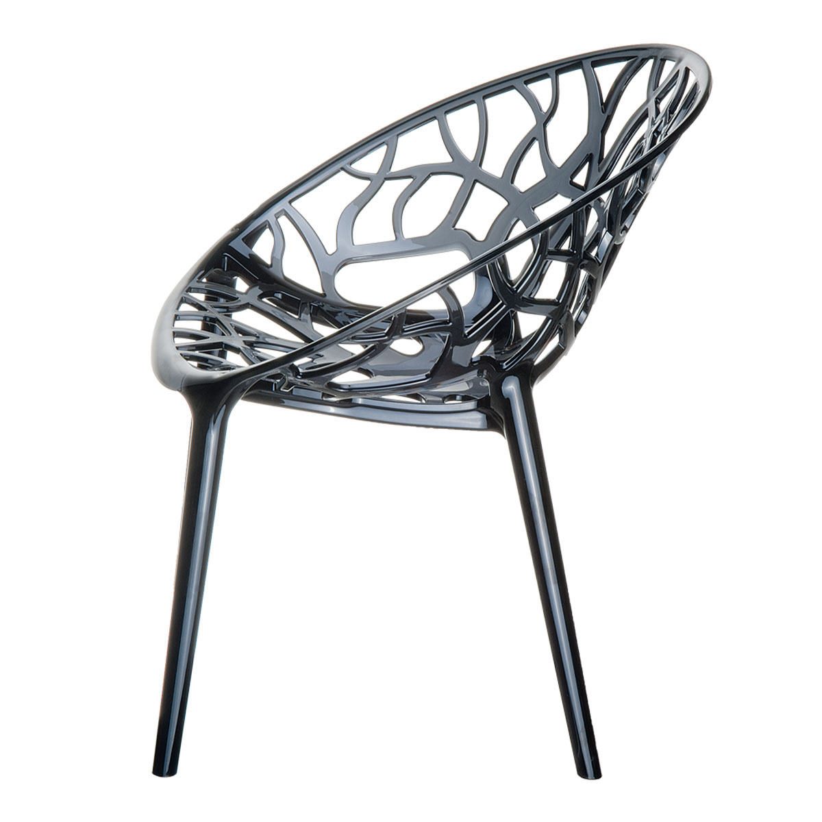 Black plastic chair with tree branch design, angled view on white background.