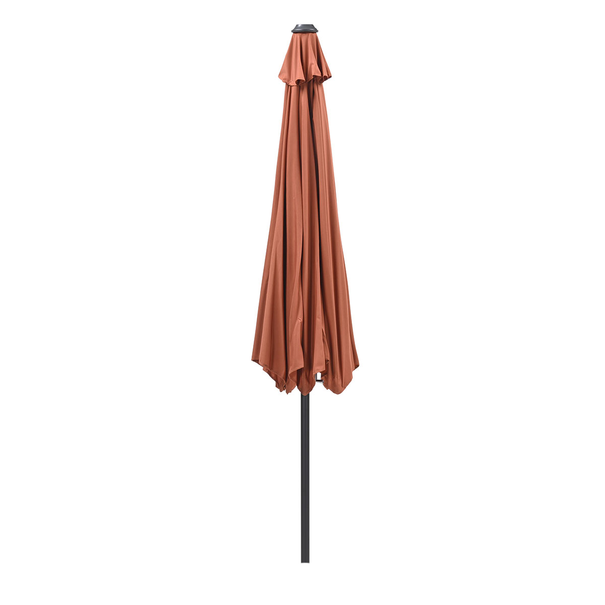 Closed brown patio umbrella on white background.