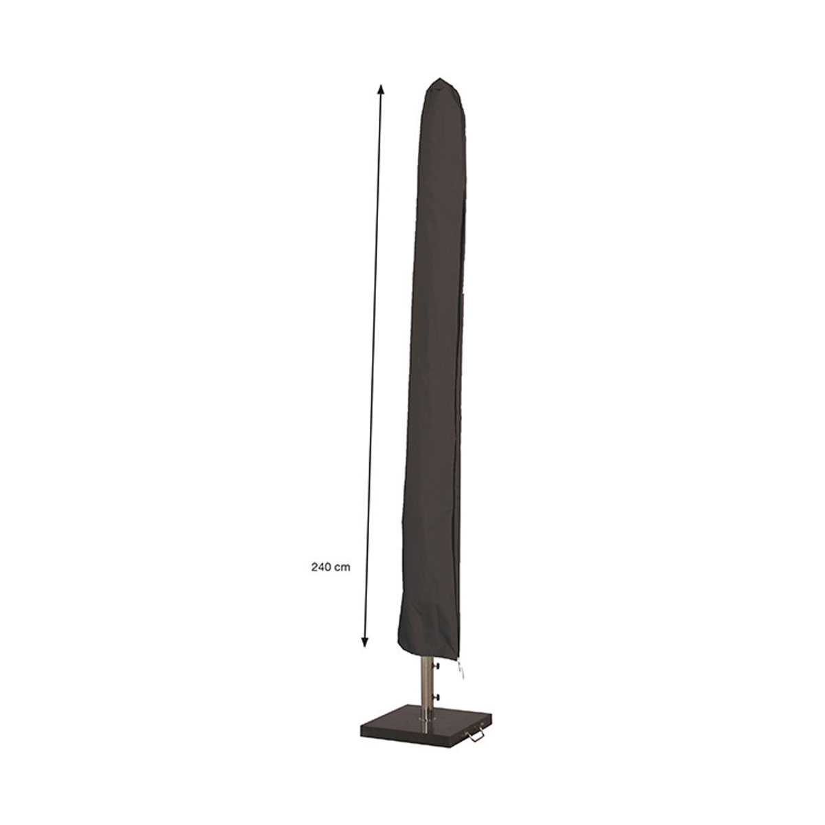 Black umbrella cover, 240 cm tall, on a black square base. The background is white.