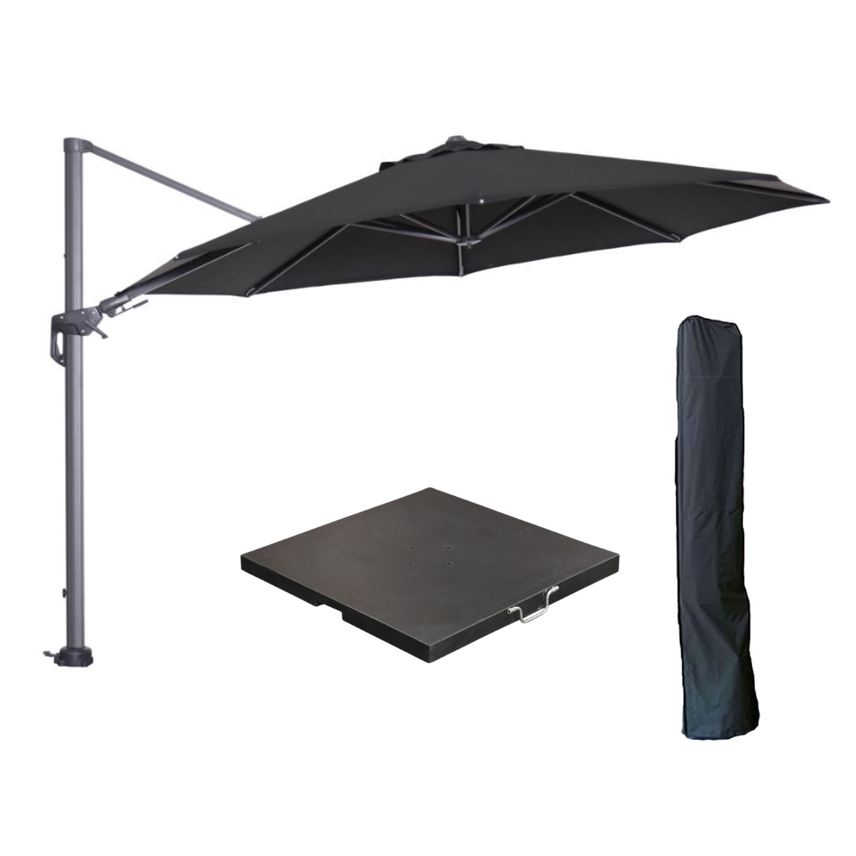 Zwarte zweefparasol, voet en hoes op wit.