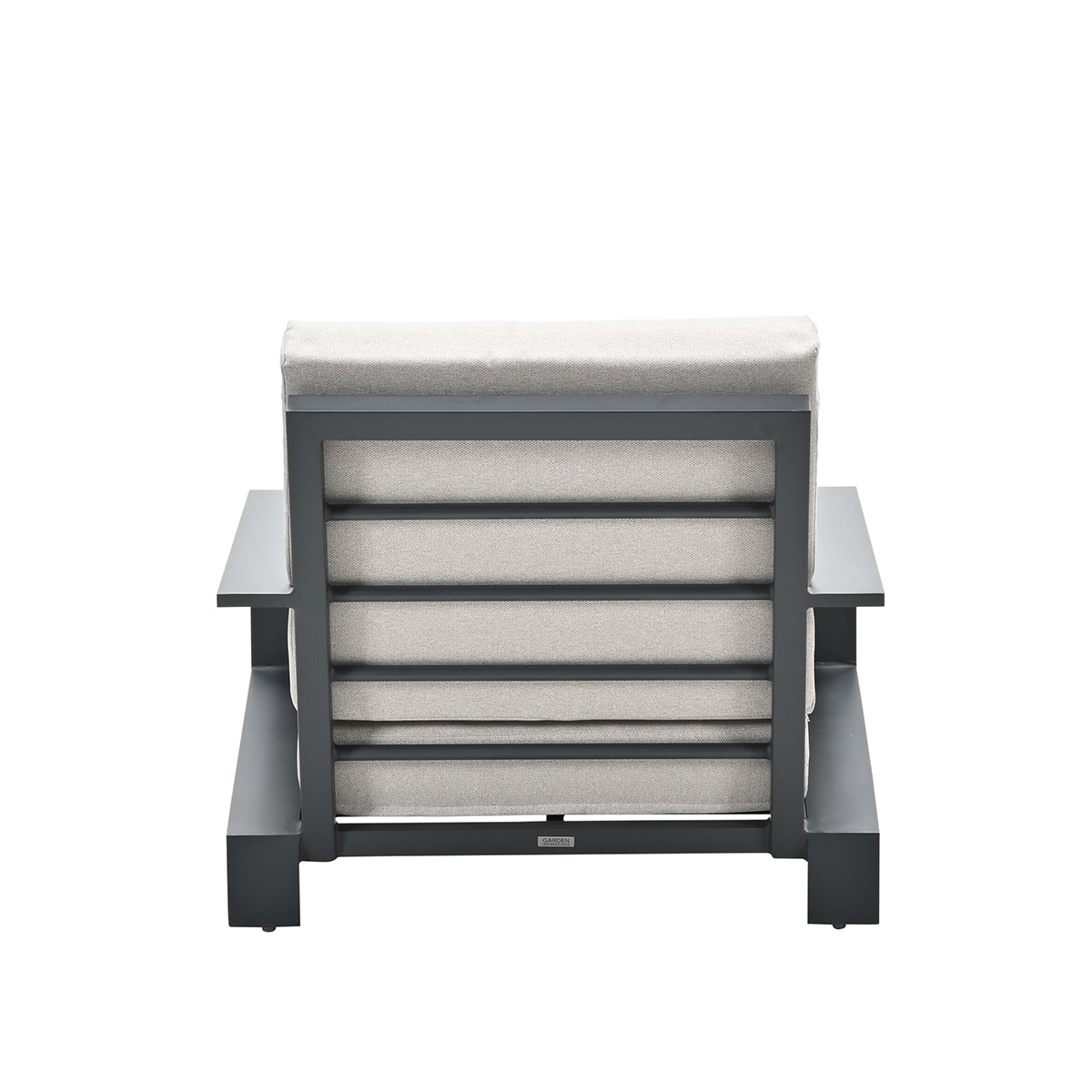 Grey outdoor chair, rear view, with cushion, against white background.