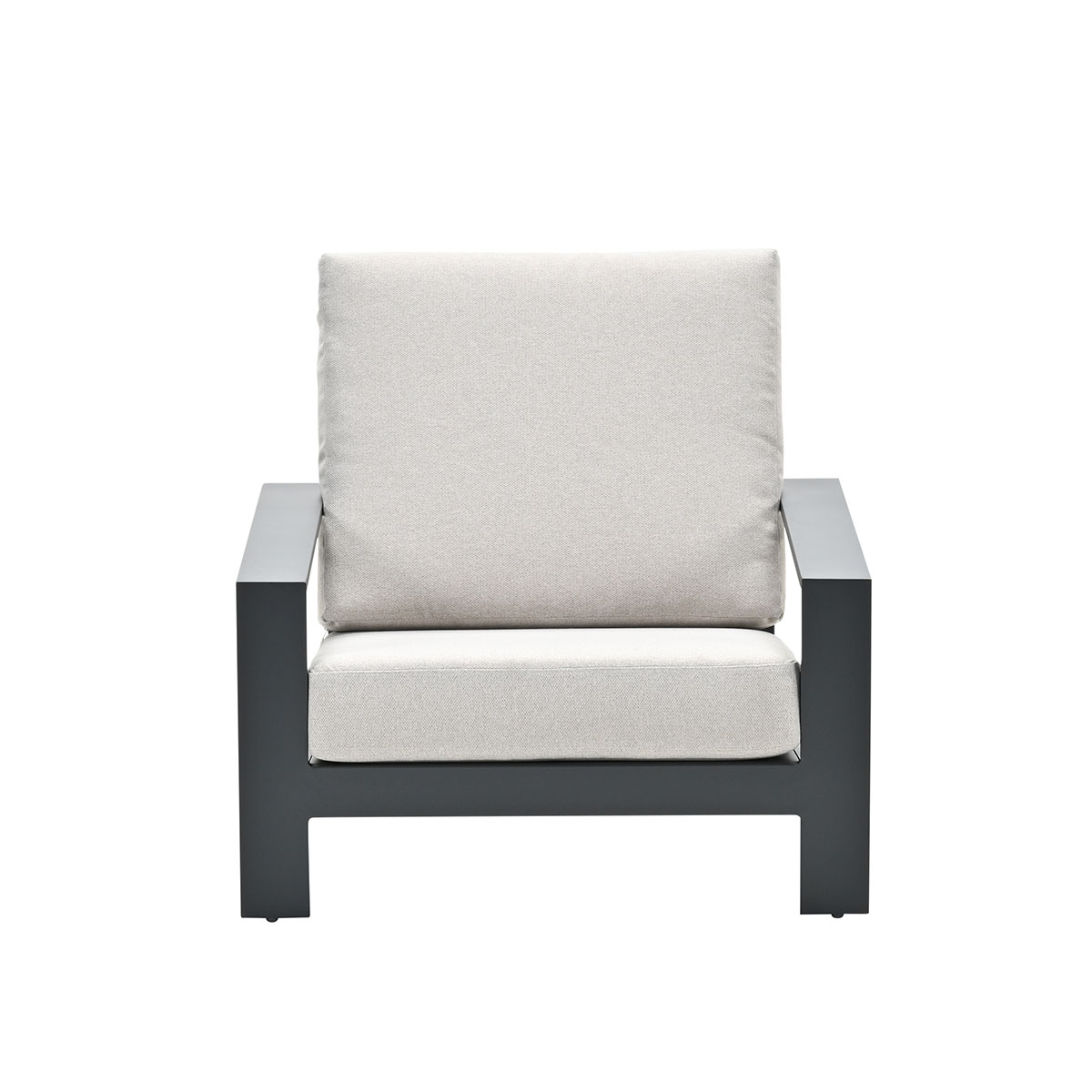 Armchair with gray frame and light cushion.