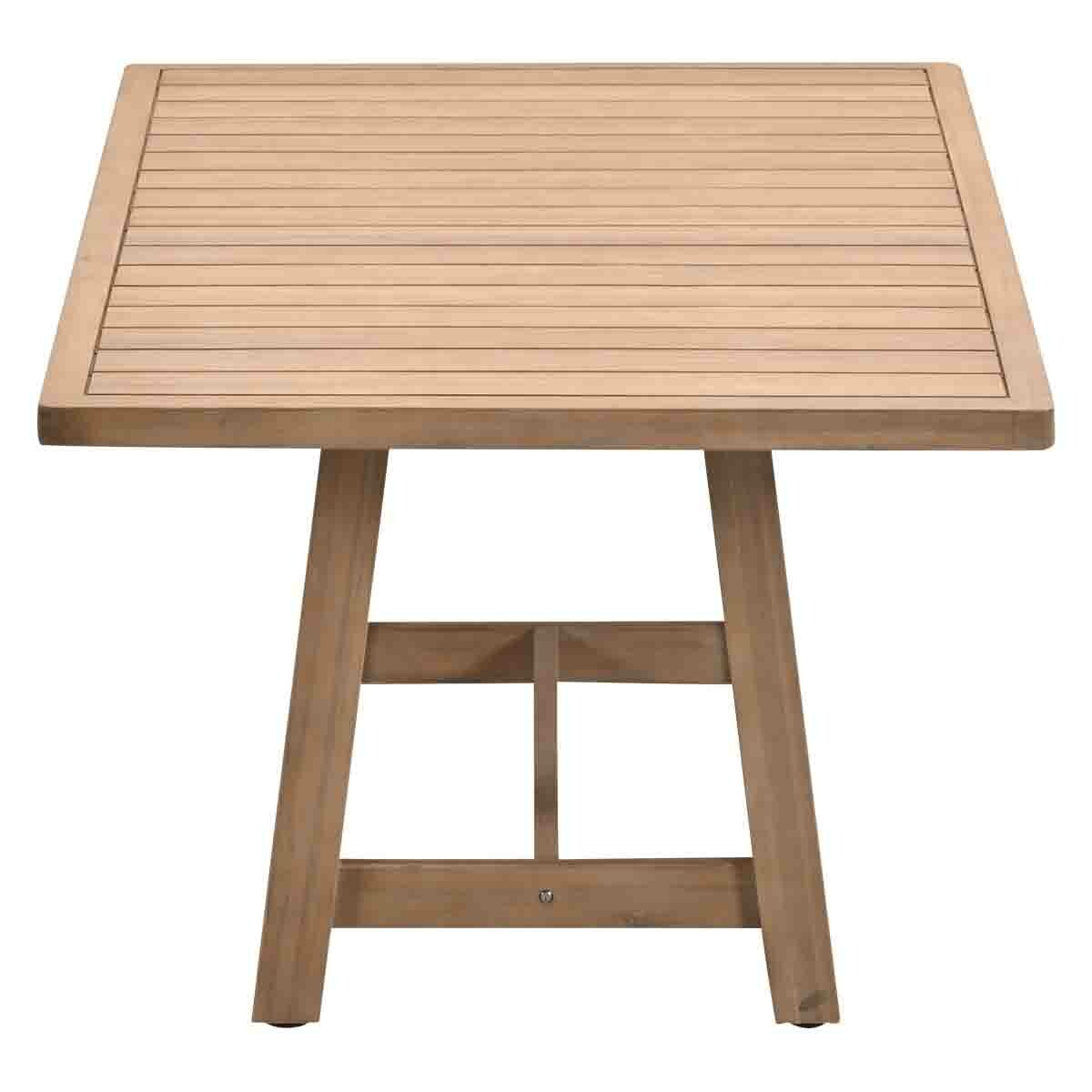 Square wooden table with slatted top and a frame base.