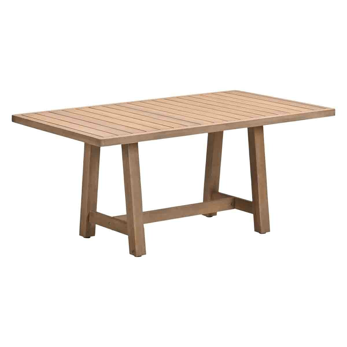 Rectangular wooden table with slatted top and a frame base.