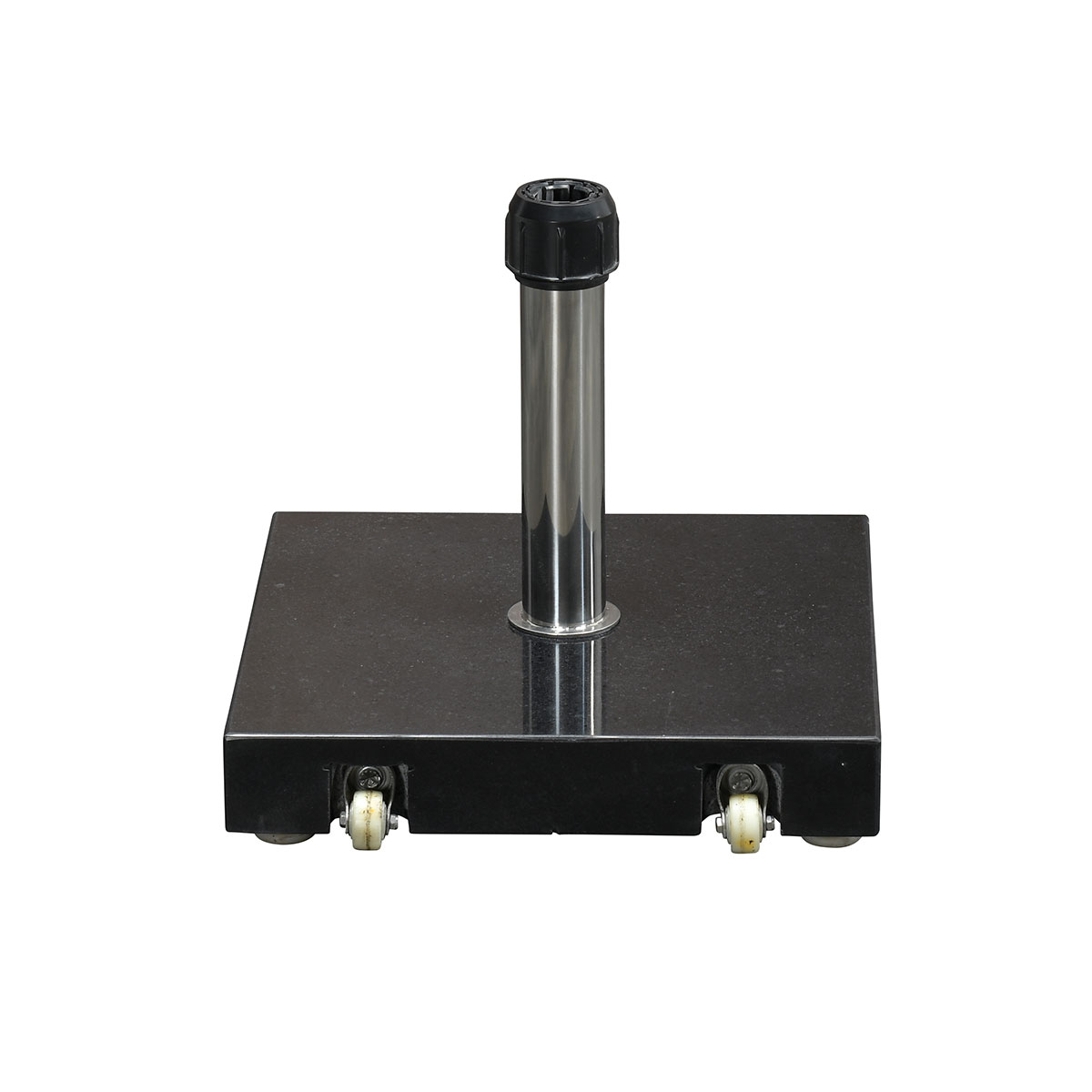 Black square umbrella base with wheels and a metal pole holder.