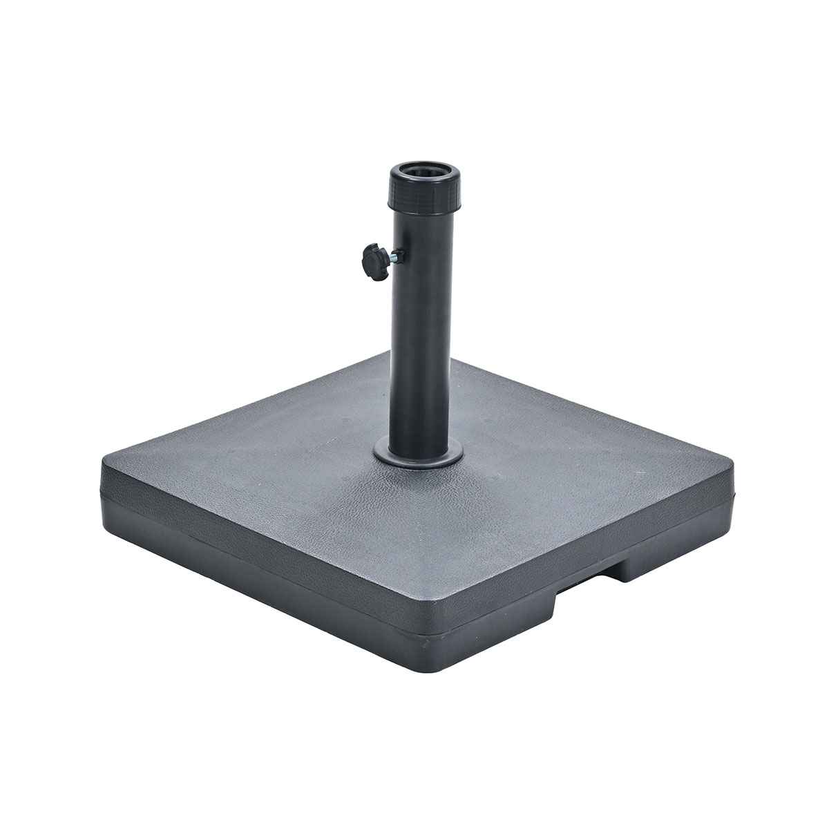 Dark grey square umbrella base with a central pole receiver.