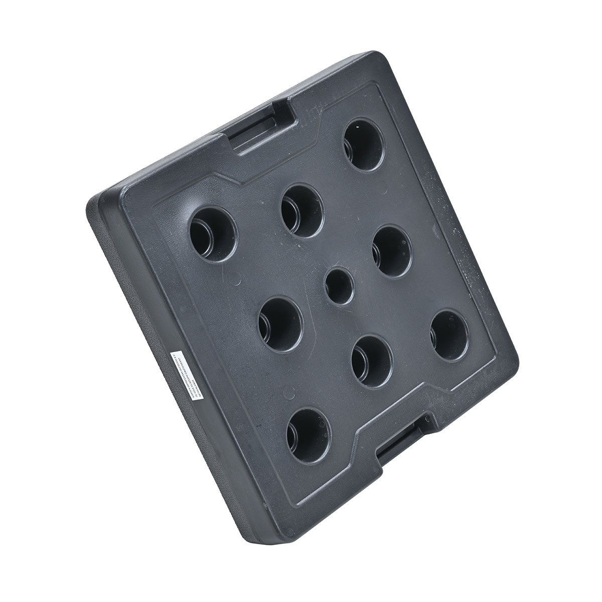 Dark grey base with several holes, likely for weights, angled view.