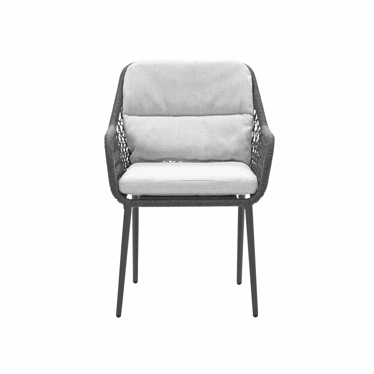 Modern chair with gray frame and light cushions.
