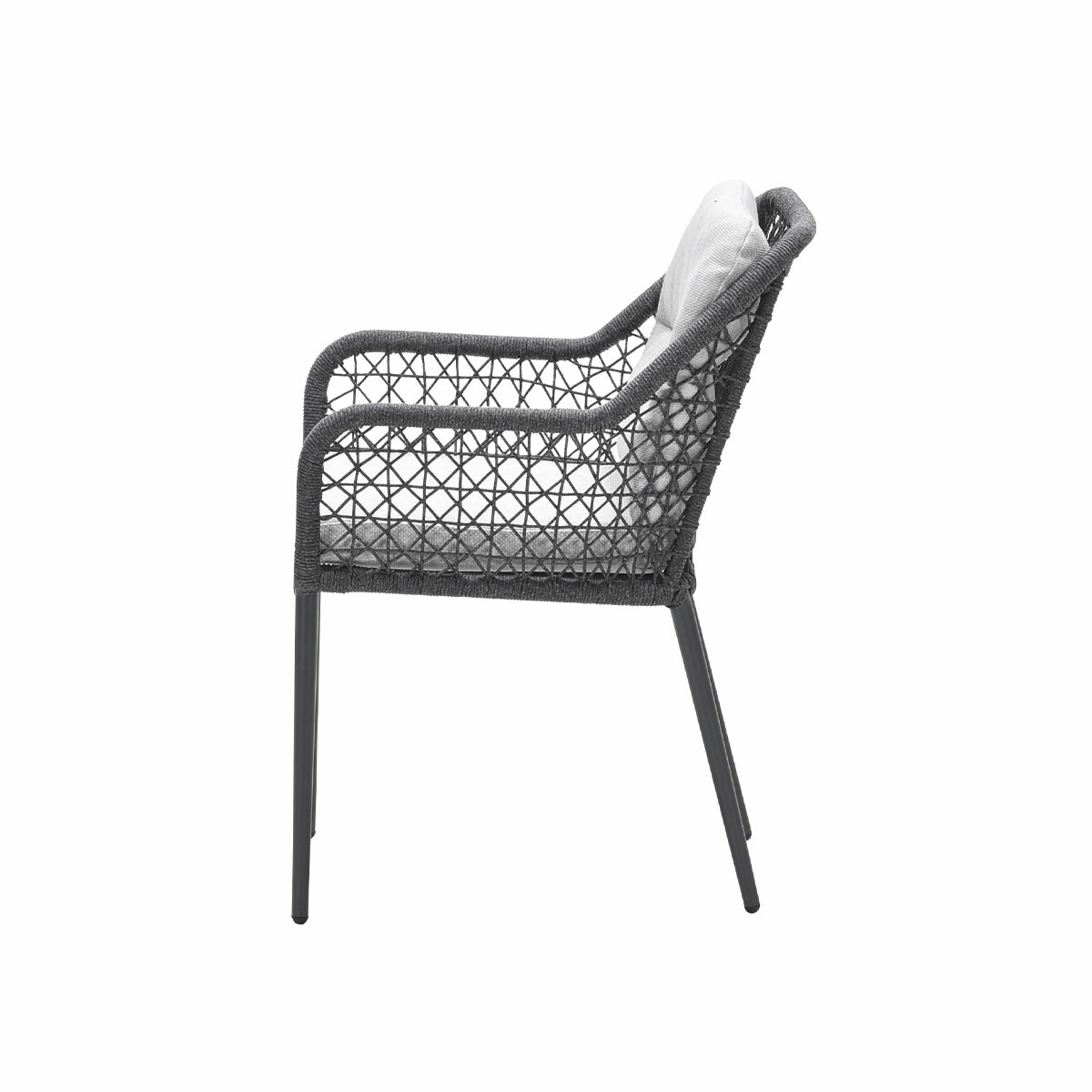 Grey woven chair with armrests and a white cushion, isolated view.