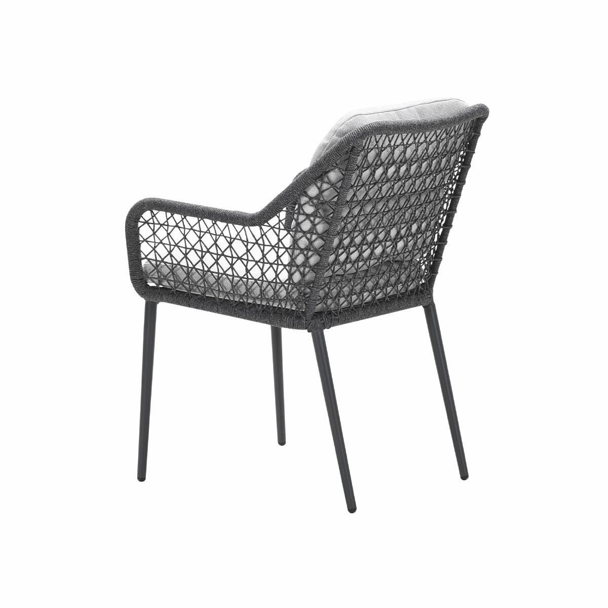Gray chair with woven back and cushion, black legs. Back view. White background.
