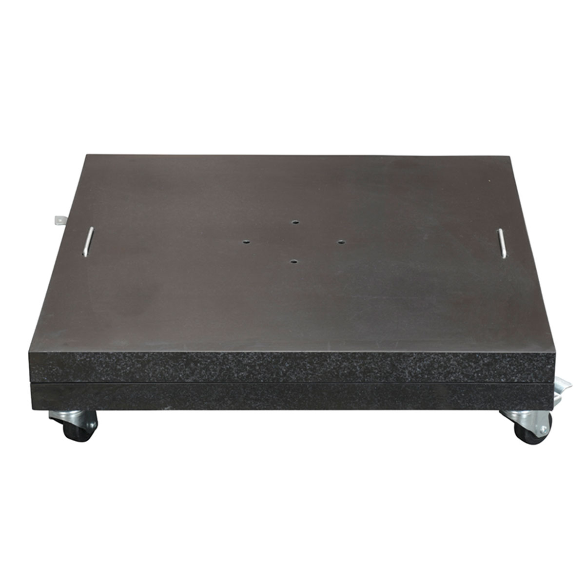 A black square base with wheels, for an umbrella, isolated on a white background.