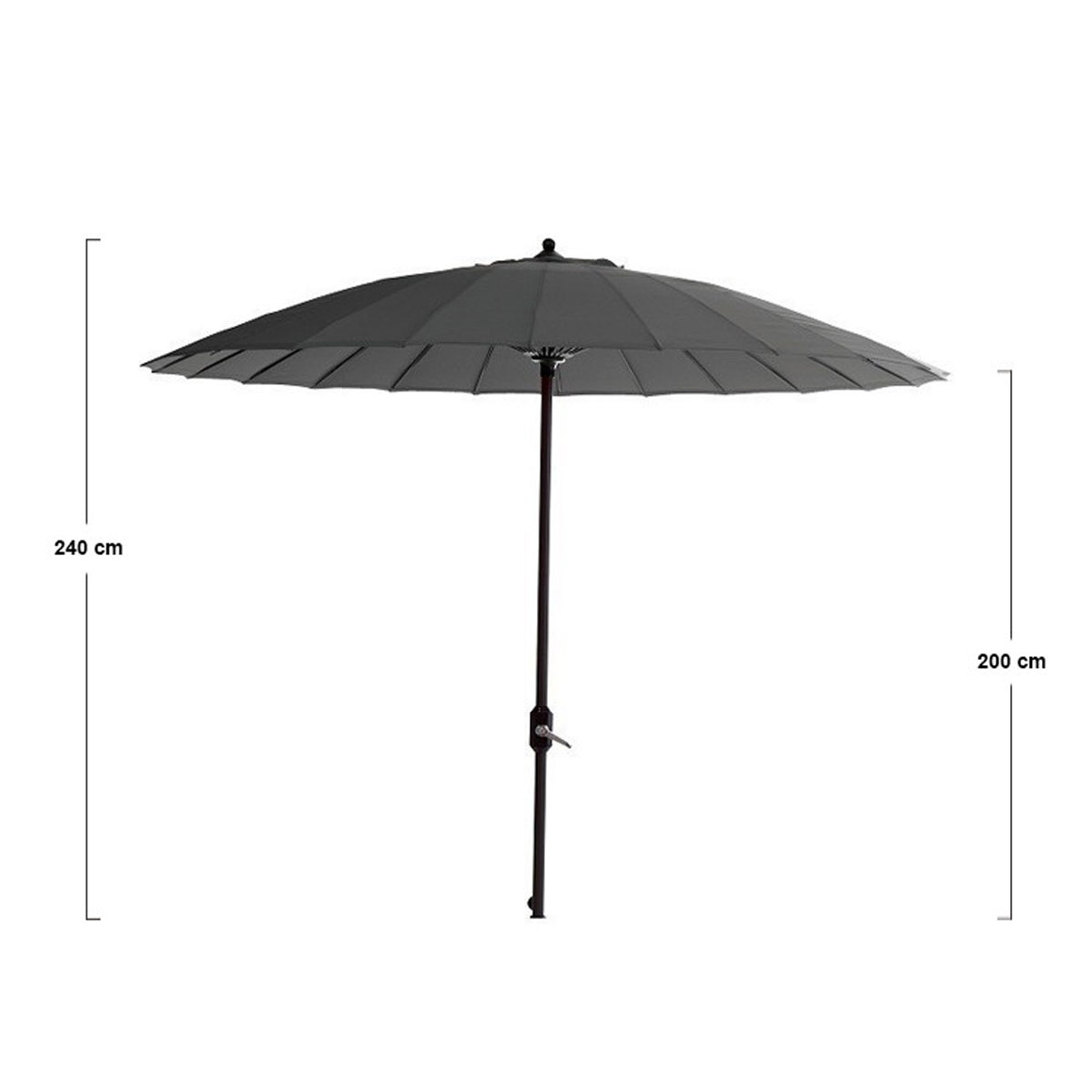 A gray umbrella with dimensions. The umbrella is open against a white background.