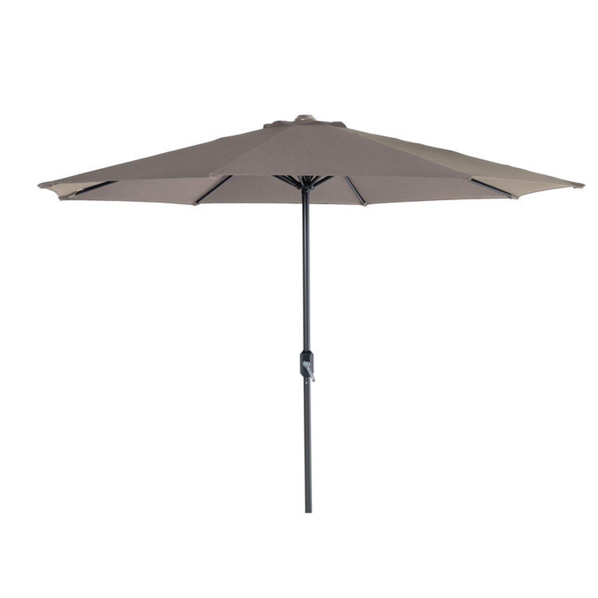 Un parapluie ouvert avec une toile grise foncée, un mât noir, isolé sur fond blanc.