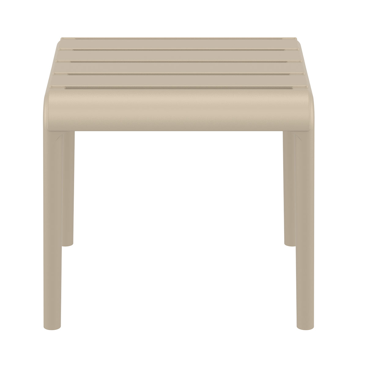 Beige vierkante bijzettafel voor buiten met vier poten, geïsoleerd op wit.