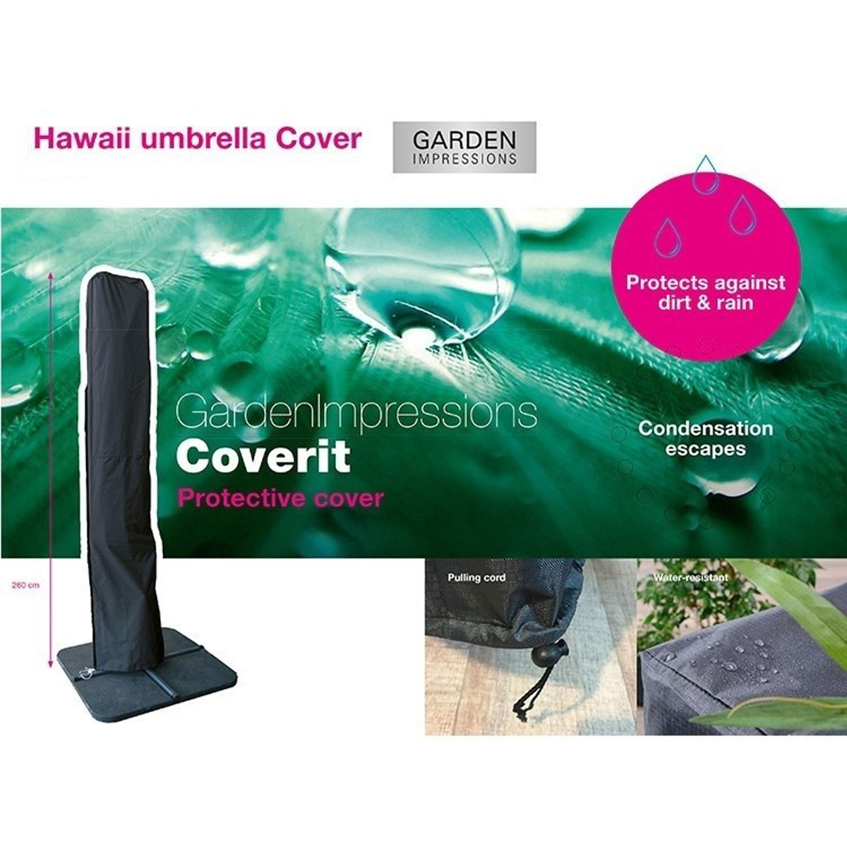 Protective umbrella cover with text and water droplet illustrations.