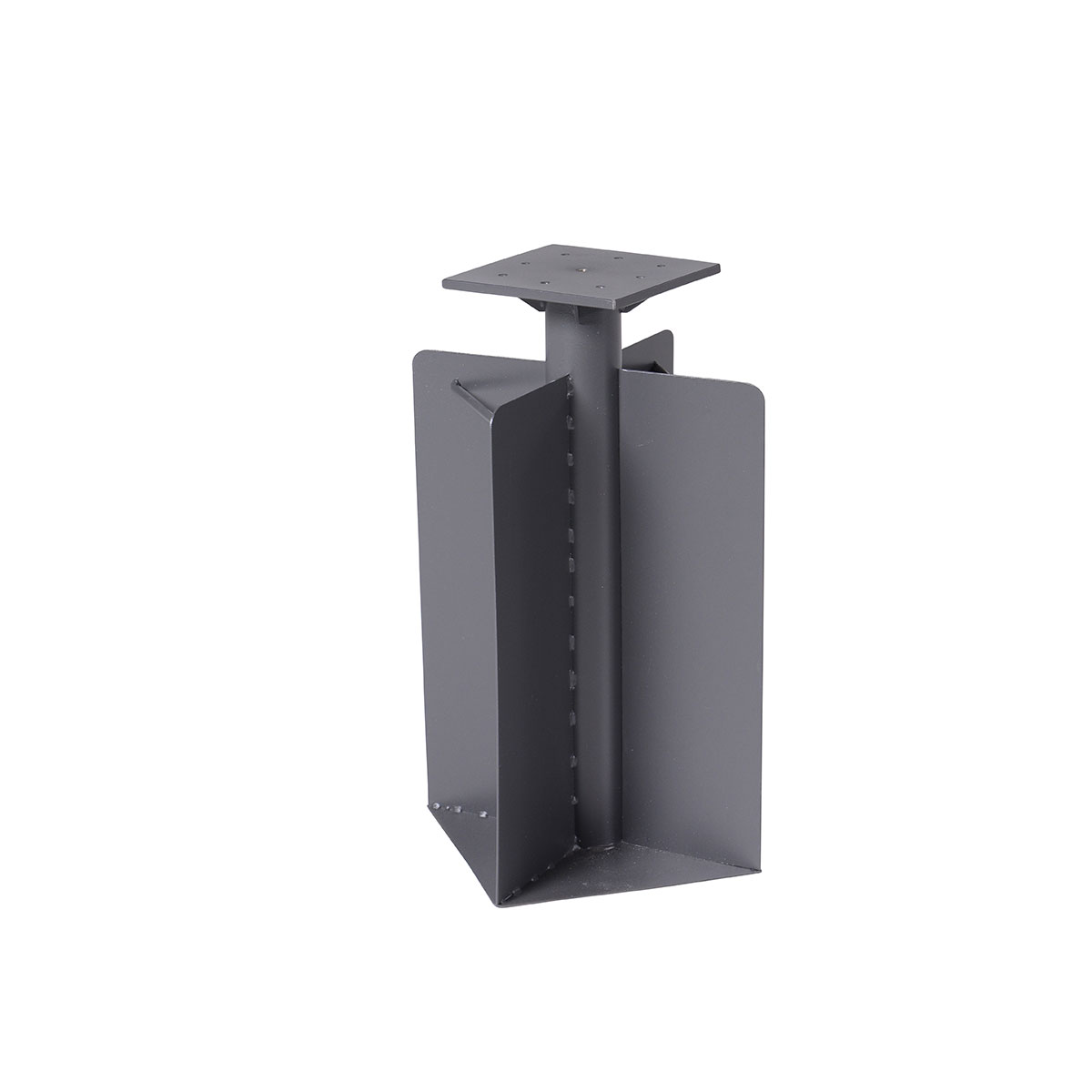 Grey metal structure. It is a piece of furniture with a unique shape.