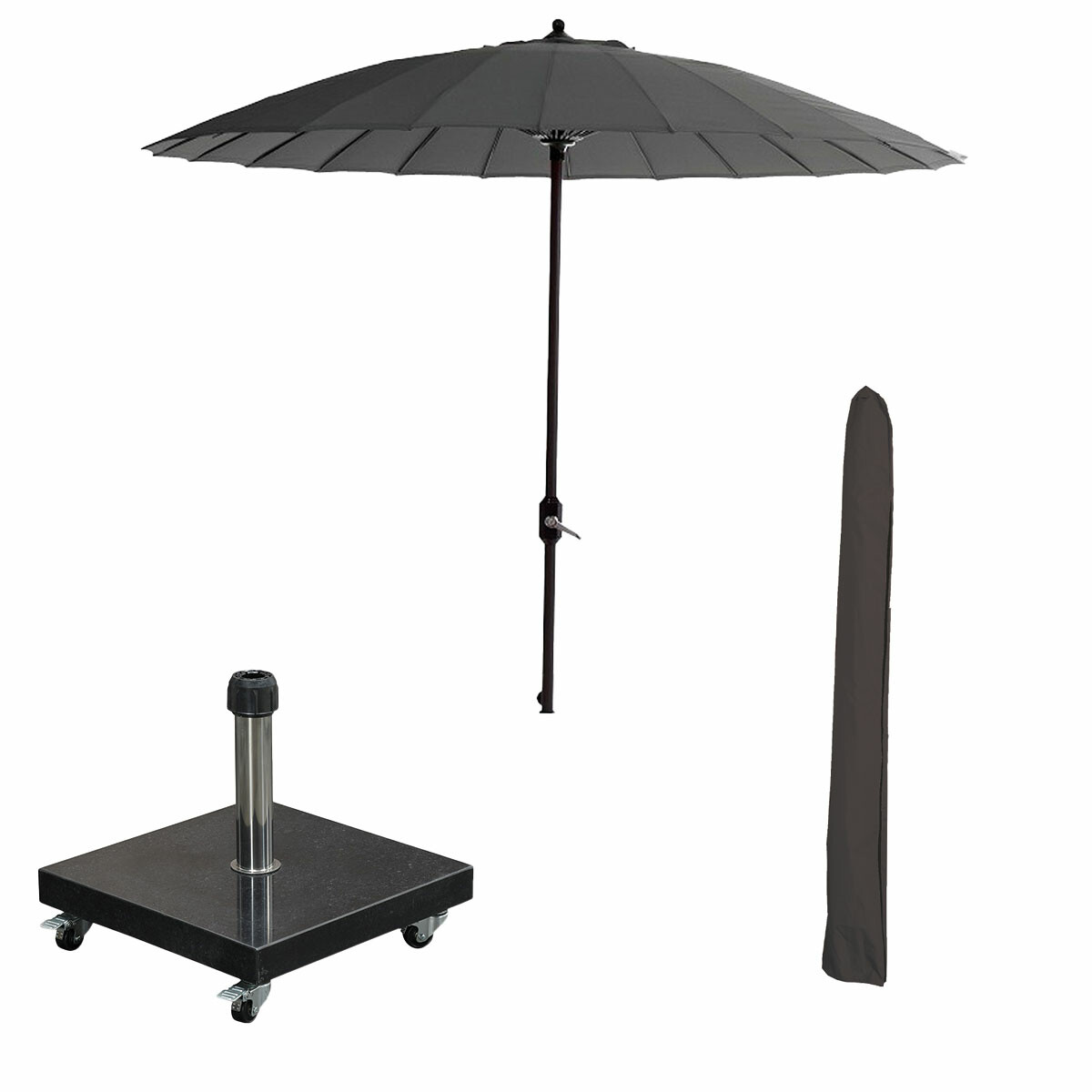 Ensemble parapluie : parasol noir, base à roulettes et housse.