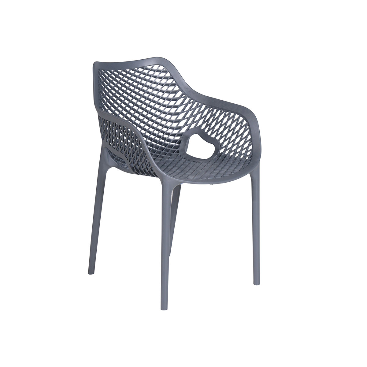 Grijze plastic stoel met een roosterrug en een hartvormige uitsparing.