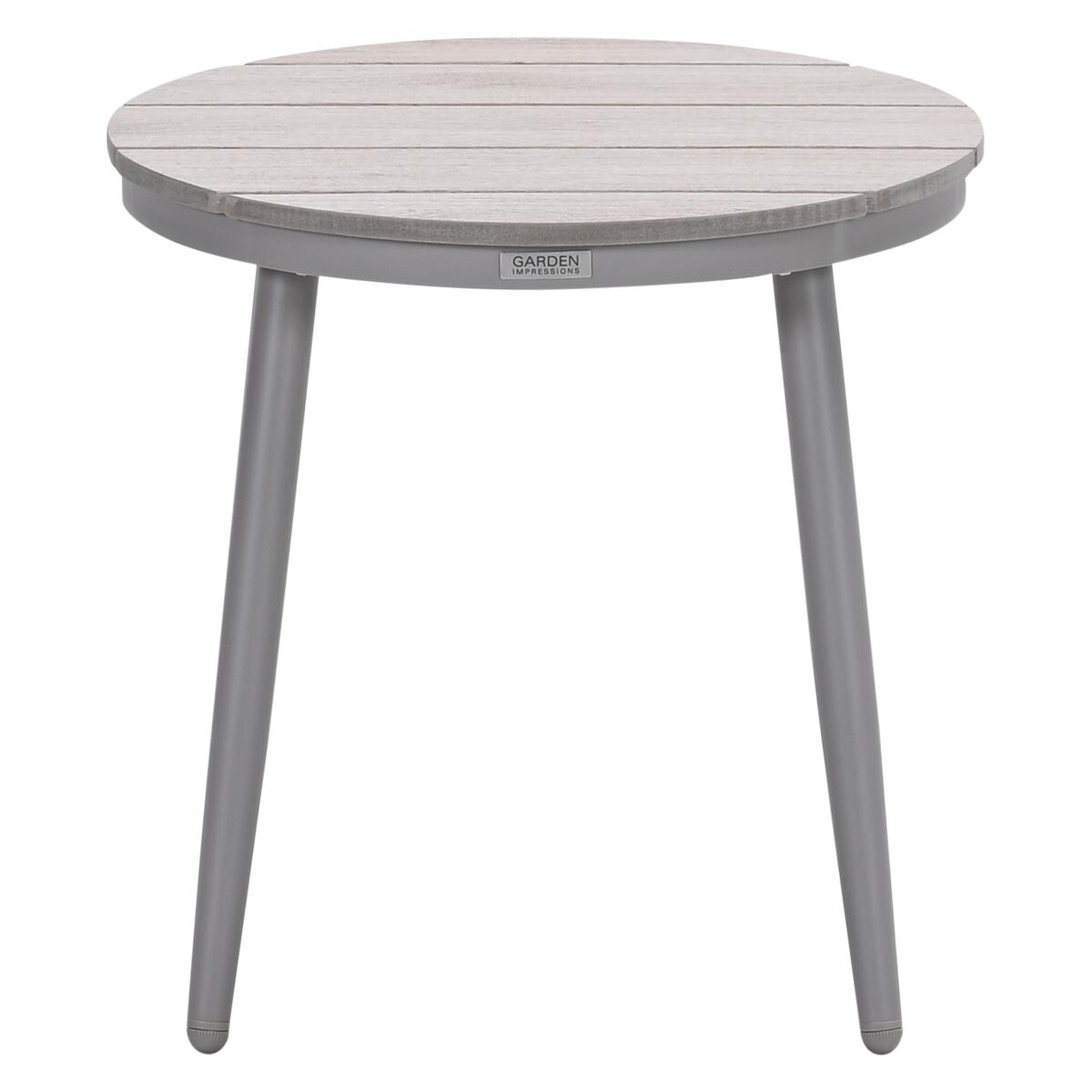 Une petite table ronde grise à trois pieds. La table est étiquetée "GARDEN IMPRESSIONS".